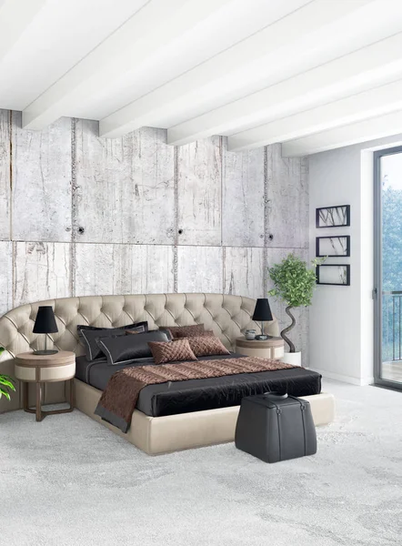 Beyaz yatak odası en az stil iç tasarım ahşap duvar ve gri Kanepeli. 3D render.