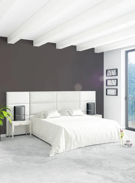Beyaz yatak odası en az stil iç tasarım ahşap duvar ve gri Kanepeli. 3D render.