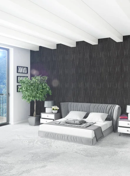 Beyaz yatak odası en az stil iç tasarım ahşap duvar ve gri Kanepeli. 3D render.