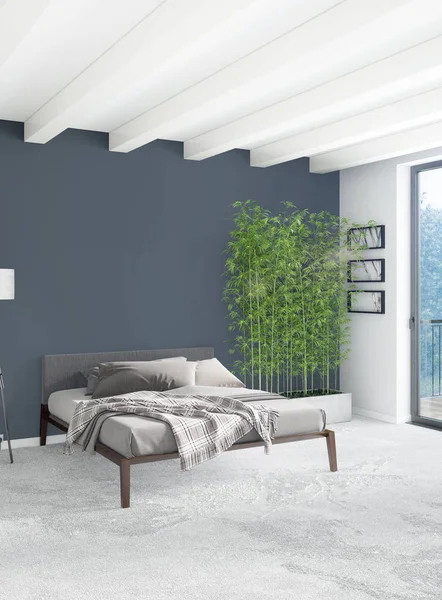 Dormitorio blanco de estilo minimalista Diseño interior con pared de madera y sofá gris. Renderizado 3D . — Foto de Stock