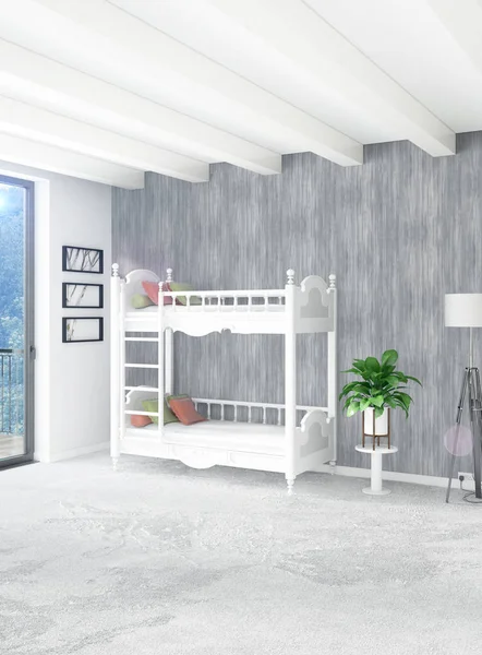 Beyaz yatak odası en az stil iç tasarım ahşap duvar ve gri Kanepeli. 3D render.