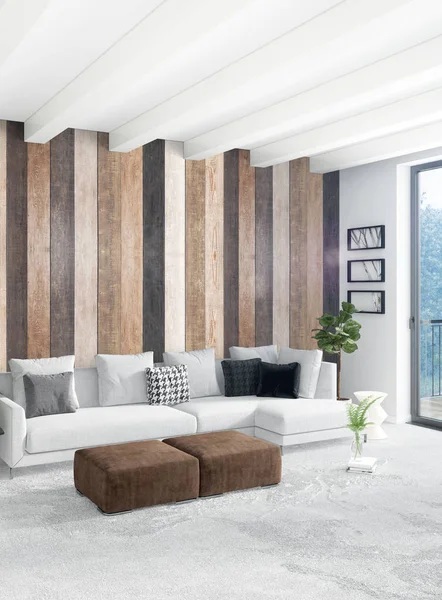 Beyaz yatak odası en az stil iç tasarım ahşap duvar ve gri Kanepeli. 3D render.