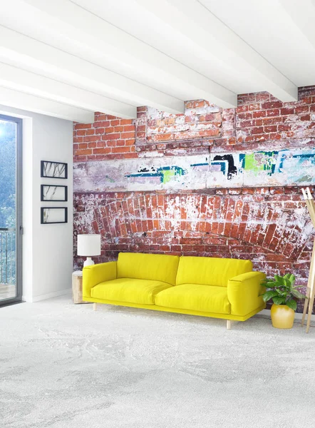 Beyaz yatak odası en az stil iç tasarım ahşap duvar ve gri Kanepeli. 3D render.