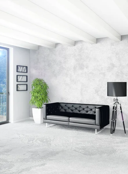 Beyaz yatak odası en az stil iç tasarım ahşap duvar ve gri Kanepeli. 3D render.