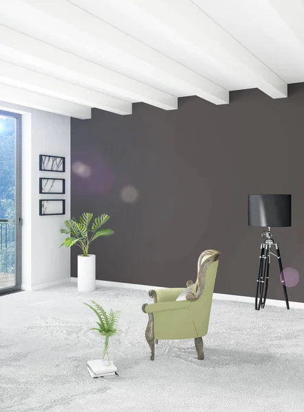 Bílá ložnice minimální styl design interiéru s dřevěnou stěnou a šedou pohovku. 3D vykreslování. — Stock fotografie