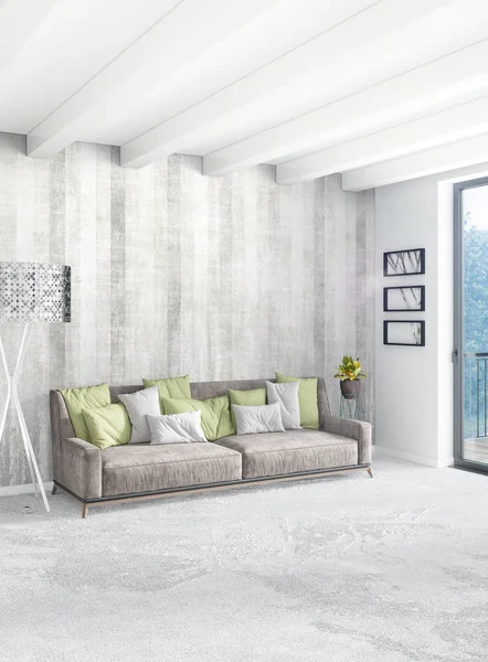 Beyaz yatak odası en az stil iç tasarım ahşap duvar ve gri Kanepeli. 3D render.