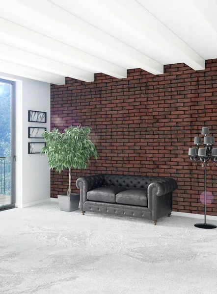 Beyaz yatak odası en az stil iç tasarım ahşap duvar ve gri Kanepeli. 3D render.