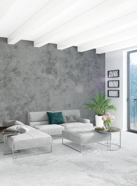 Beyaz yatak odası en az stil iç tasarım ahşap duvar ve gri Kanepeli. 3D render.