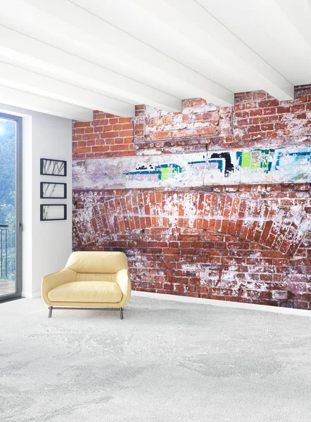 Beyaz yatak odası en az stil iç tasarım ahşap duvar ve gri Kanepeli. 3D render.