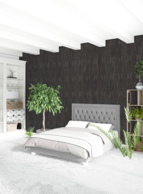 Beyaz yatak odası en az stil iç tasarım ahşap duvar ve gri Kanepeli. 3D render.