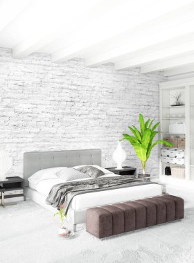 Beyaz yatak odası en az stil iç tasarım ahşap duvar ve gri Kanepeli. 3D render.