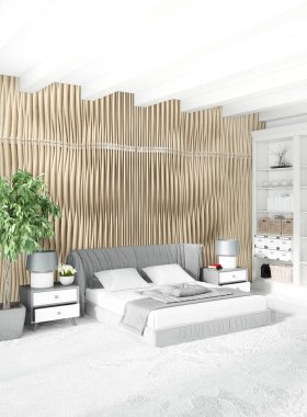 Beyaz yatak odası en az stil iç tasarım ahşap duvar ve gri Kanepeli. 3D render.
