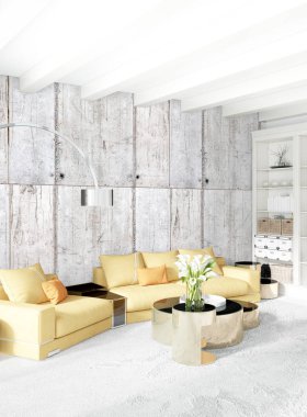 Modern yatak odası sarı kanepe lüks en az tarzı iç çatı tasarımı ile eklektik duvar. 3D render.