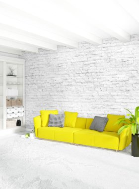Modern yatak odası sarı kanepe lüks en az tarzı iç çatı tasarımı ile eklektik duvar. 3D render.