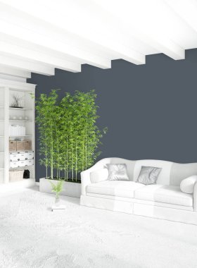 Beyaz yatak odası en az stil iç tasarım ahşap duvar ve gri Kanepeli. 3D render.