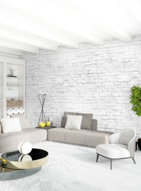 Beyaz yatak odası en az stil iç tasarım ahşap duvar ve gri Kanepeli. 3D render.