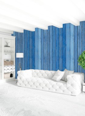 Beyaz yatak odası en az stil iç tasarım ahşap duvar ve gri Kanepeli. 3D render.