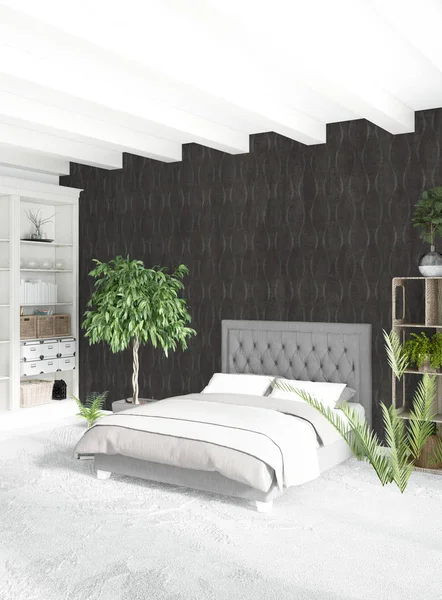 Beyaz yatak odası en az stil iç tasarım ahşap duvar ve gri Kanepeli. 3D render.