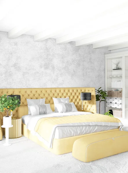 Moderno divano letto giallo lusso stile minimale Interior loft design con parete eclettica. Rendering 3D . — Foto Stock