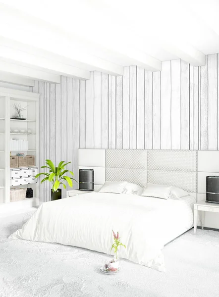 Weißes Schlafzimmer minimalistisches Interieur mit Holzwand und grauem Sofa. 3D-Darstellung. — Stockfoto
