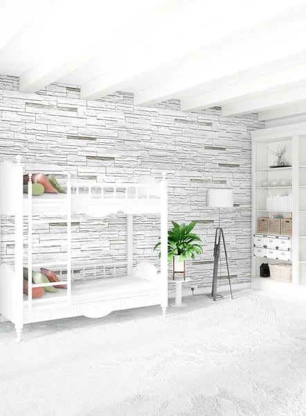 Beyaz yatak odası en az stil iç tasarım ahşap duvar ve gri Kanepeli. 3D render.