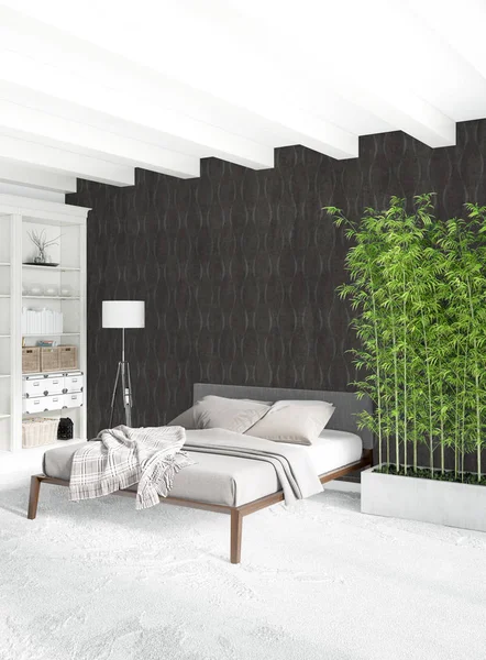 Quarto branco estilo mínimo Design de interiores com parede de madeira e sofá cinza. Renderização 3D . — Fotografia de Stock