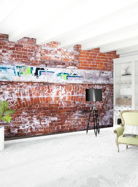 Beyaz yatak odası en az stil iç tasarım ahşap duvar ve gri Kanepeli. 3D render.