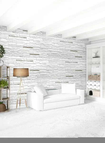 Quarto branco estilo mínimo Design de interiores com parede de madeira e sofá cinza. Renderização 3D . — Fotografia de Stock