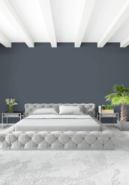 Beyaz yatak odası en az stil iç tasarım ahşap duvar ve gri Kanepeli. 3D render.