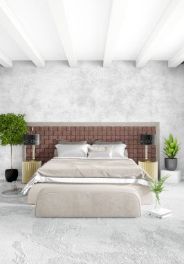 Beyaz yatak odası en az stil iç tasarım ahşap duvar ve gri Kanepeli. 3D render.