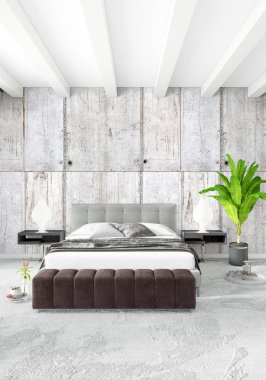 Beyaz yatak odası en az stil iç tasarım ahşap duvar ve gri Kanepeli. 3D render.