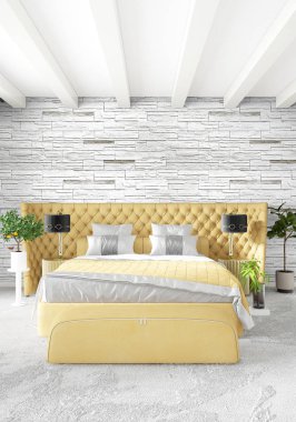 Modern yatak odası sarı kanepe lüks en az tarzı iç çatı tasarımı ile eklektik duvar. 3D render.