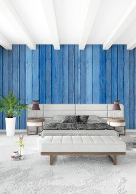 Beyaz yatak odası en az stil iç tasarım ahşap duvar ve gri Kanepeli. 3D render.