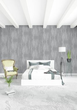 Beyaz yatak odası en az stil iç tasarım ahşap duvar ve gri Kanepeli. 3D render.