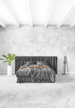 Beyaz yatak odası en az stil iç tasarım ahşap duvar ve gri Kanepeli. 3D render.