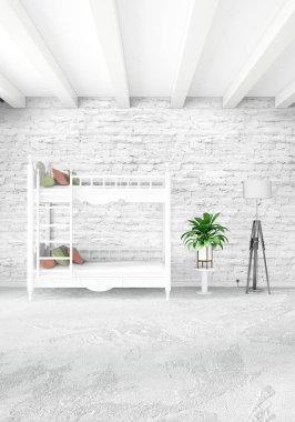 Beyaz yatak odası en az stil iç tasarım ahşap duvar ve gri Kanepeli. 3D render.