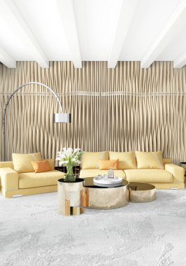 Modern yatak odası sarı kanepe lüks en az tarzı iç çatı tasarımı ile eklektik duvar. 3D render.