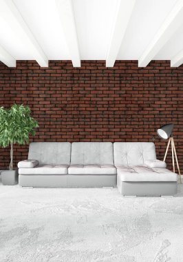 Beyaz yatak odası en az stil iç tasarım ahşap duvar ve gri Kanepeli. 3D render.