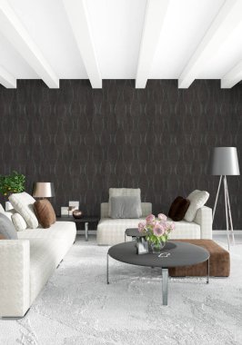 Beyaz yatak odası en az stil iç tasarım ahşap duvar ve gri Kanepeli. 3D render.