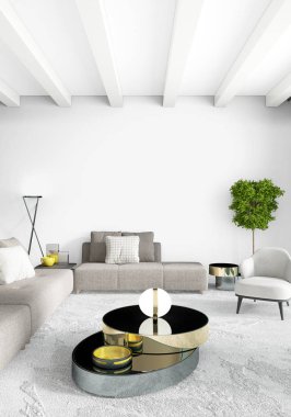 Beyaz yatak odası en az stil iç tasarım ahşap duvar ve gri Kanepeli. 3D render.