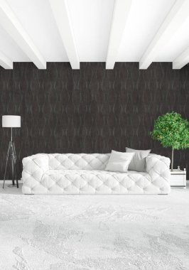 Beyaz yatak odası en az stil iç tasarım ahşap duvar ve gri Kanepeli. 3D render.