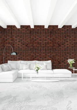 Beyaz yatak odası en az stil iç tasarım ahşap duvar ve gri Kanepeli. 3D render.