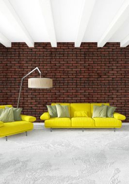 Modern yatak odası sarı kanepe lüks en az tarzı iç çatı tasarımı ile eklektik duvar. 3D render.