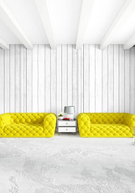 Modern yatak odası sarı kanepe lüks en az tarzı iç çatı tasarımı ile eklektik duvar. 3D render.
