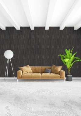 Beyaz yatak odası en az stil iç tasarım ahşap duvar ve gri Kanepeli. 3D render.