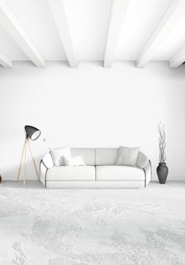 Beyaz yatak odası en az stil iç tasarım ahşap duvar ve gri Kanepeli. 3D render.