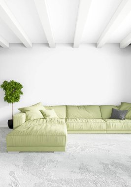 Beyaz yatak odası en az stil iç tasarım ahşap duvar ve gri Kanepeli. 3D render.