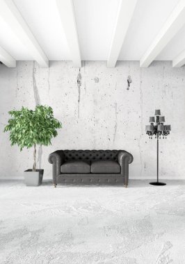 Beyaz yatak odası en az stil iç tasarım ahşap duvar ve gri Kanepeli. 3D render.