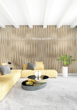 Modern yatak odası sarı kanepe lüks en az tarzı iç çatı tasarımı ile eklektik duvar. 3D render.