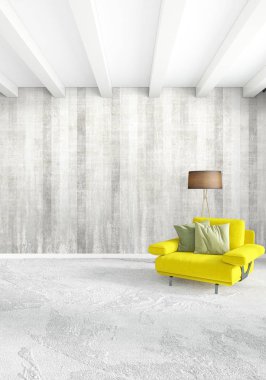 Modern yatak odası sarı kanepe lüks en az tarzı iç çatı tasarımı ile eklektik duvar. 3D render.